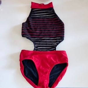 Girls mesh cut black and red leotard